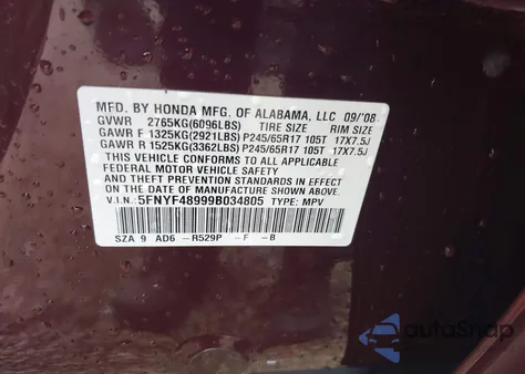 2009 Honda Pilot Touring from USA, damaged, VIN 5FNYF48999B034805